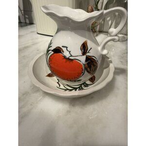 VTG Handpainted Ceramic Japanese Small Pitcher + Bowl Orange, Leaves, Nature